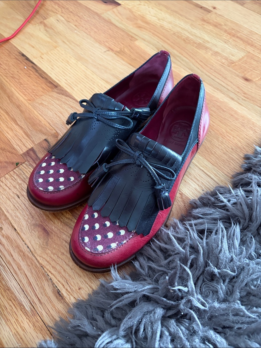 Tory Burch Red and Black Fringe Kiltie Loafers - 5.5